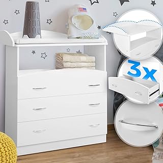 Wickelkommode - inkl. 3 großen Schubladen und Fach, LxBxH 85x71x96 cm, Weiß - Wickelschrank, Wickeltisch Aufsatz, Wickelaufsatz, Baby Möbel Kommode, Wickelregal Organizer