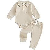 Eurvoku Newborn Baby Boy Clothes Solid Waffle Knit Long Sleeve Button Up Collared Romper Long Pants Set Fall Winter Outfits