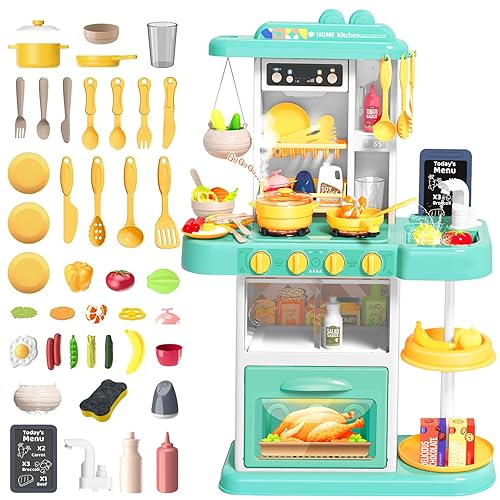 deAO Kids Kitchen Playset, 54 PCS Kitchen Toys for Toddlers with Realistic Lights & Sounds, Play Kitchen Pretend Play Fruit Vegetables for Boys Girls Birthady Gifts(Blue)