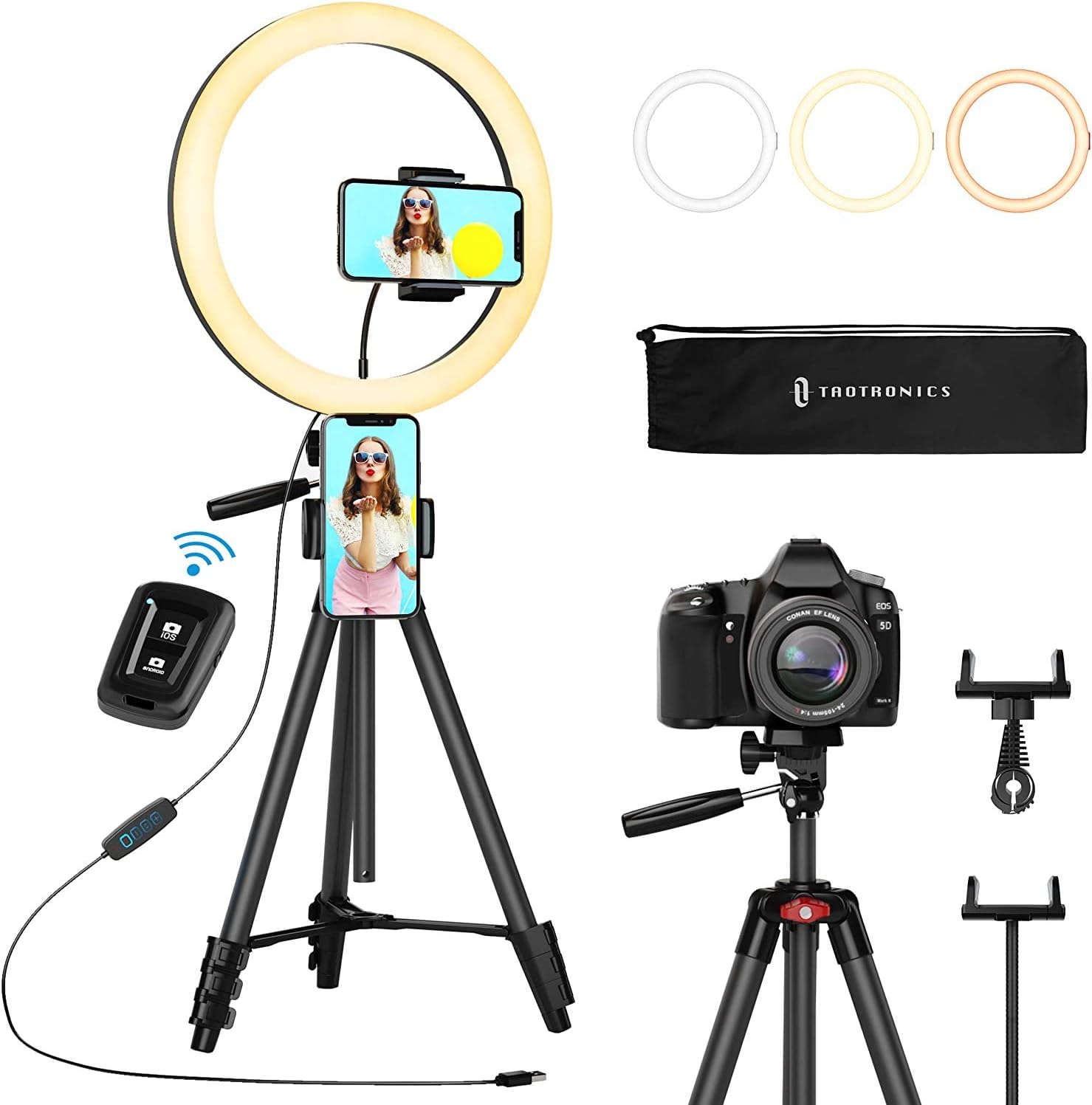 12" Selfie Ring Light with Tripod Stand 2 Phone Holders and Bluetooth Remote Shutter Compatible with iOS Android,TaoTronics Dimmable Led Circle Phone Camera Laptop Light for Makeup Streaming YouTube