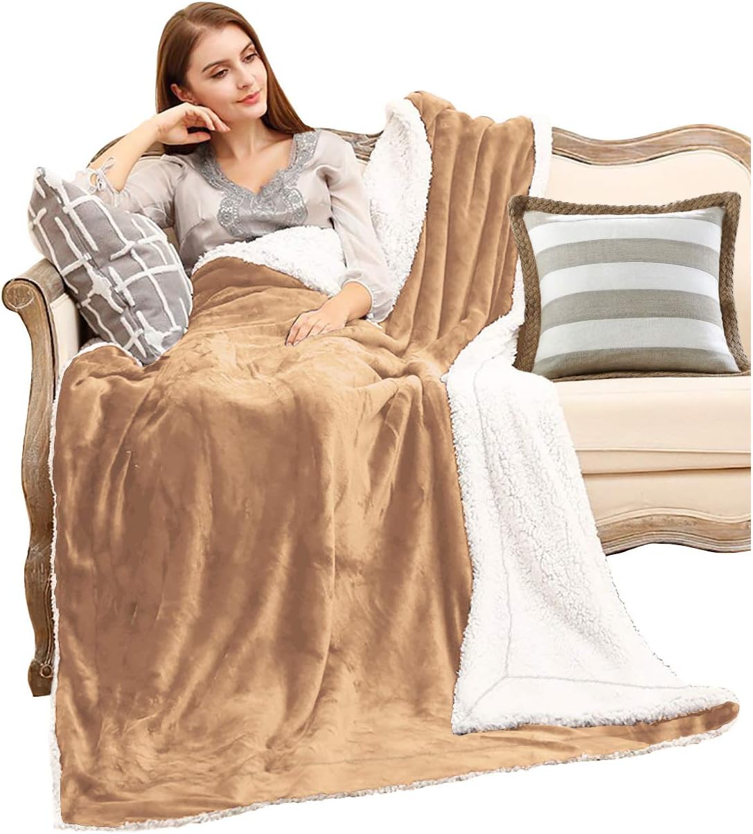 IMPERIAL ROOMS Super Soft Thermal Warm Special Flannel Sherpa Fleece Throw Reversible Cuddly Microfiber Blanket 150x200cm (Tan) Sherpa