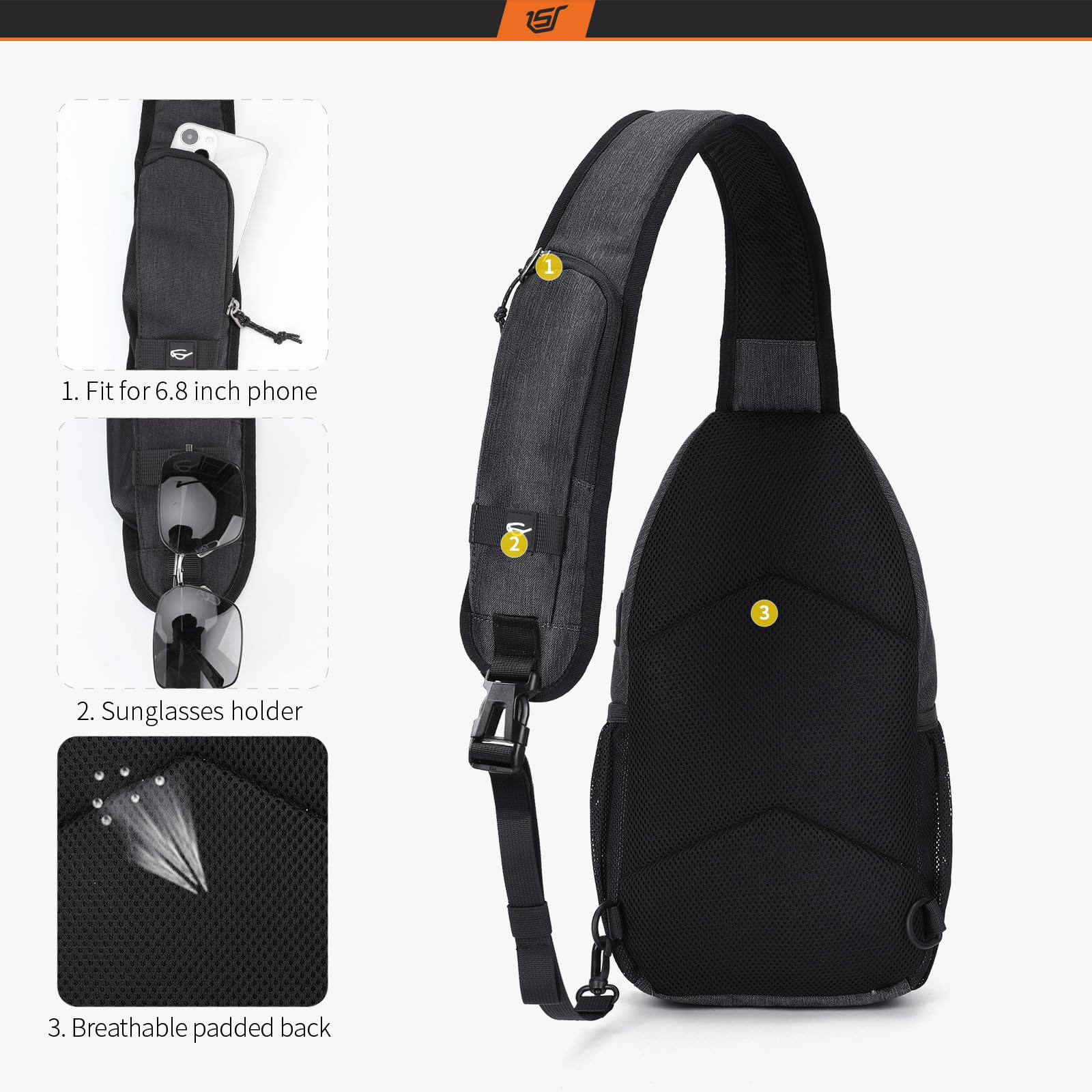 SKYSPER Schultertasche Brusttasche Leichte Sling Bag Klein Wasserfest Crossbody Umhängetasche zum Wandern Outdoor Sports Reise 3