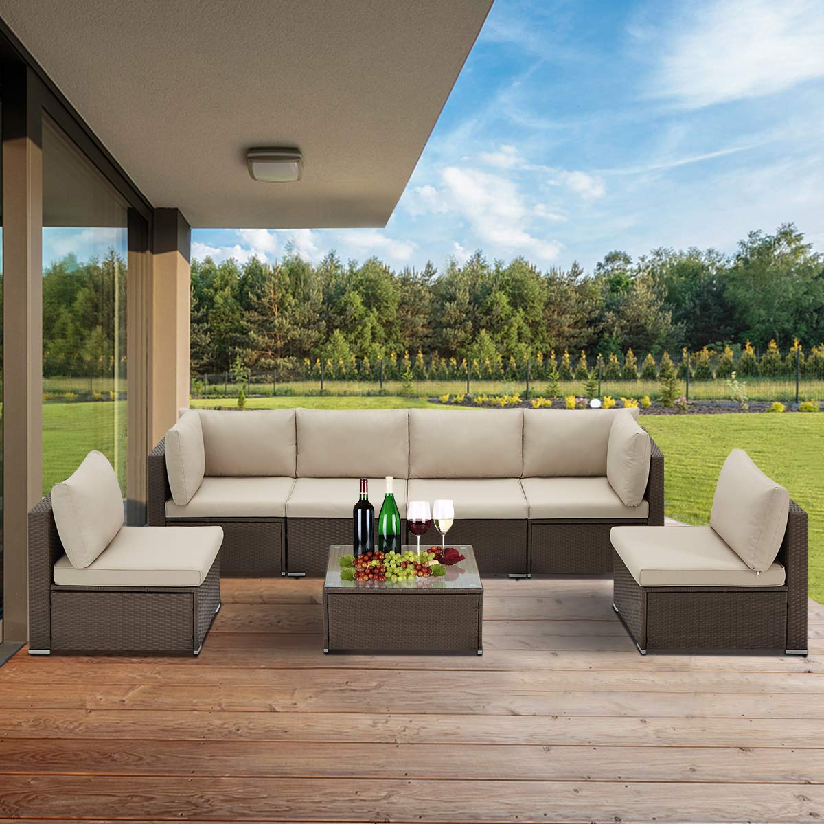 U-MAX 7 Piece Outdoor Patio Furniture Set, PE Rattan Wicker Sofa Set, Outdoor Sectional Furniture Chair Set with Cushions and Tea Table, Brown (Box 1 of 4)
