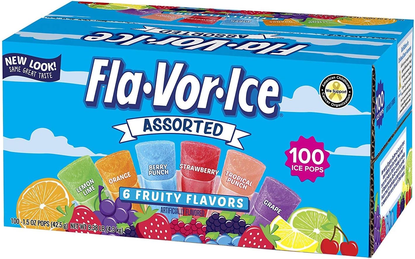 Fla-Vor-Ice Freezer Pops, Gluten & Fat Free Ice Pops, Fruity Flavors (100 - 1.5 oz pops)(Pack of 5)