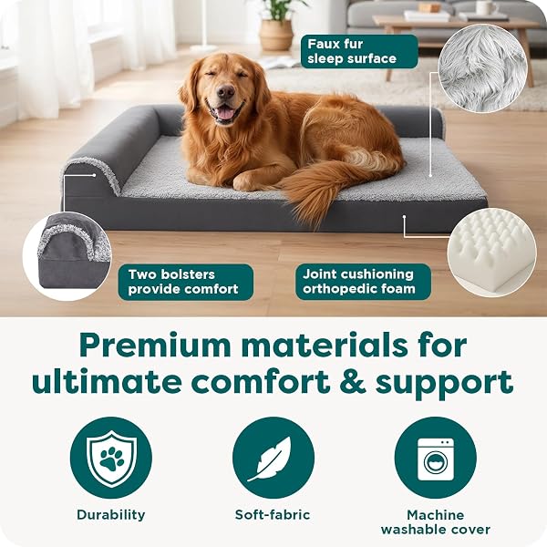 FURHAVEN ORTHOPEDIC DOG BED FOR LARGE DOGS W/ REMOVABLE BOLSTERS & WASHABLE COVER, FOR DOGS UP TO 95 LBS – TWO-TONE PLUSH FAUX FUR & SUEDE L SHAPED CHAISE – STONE GRAY, JUMBO/XL