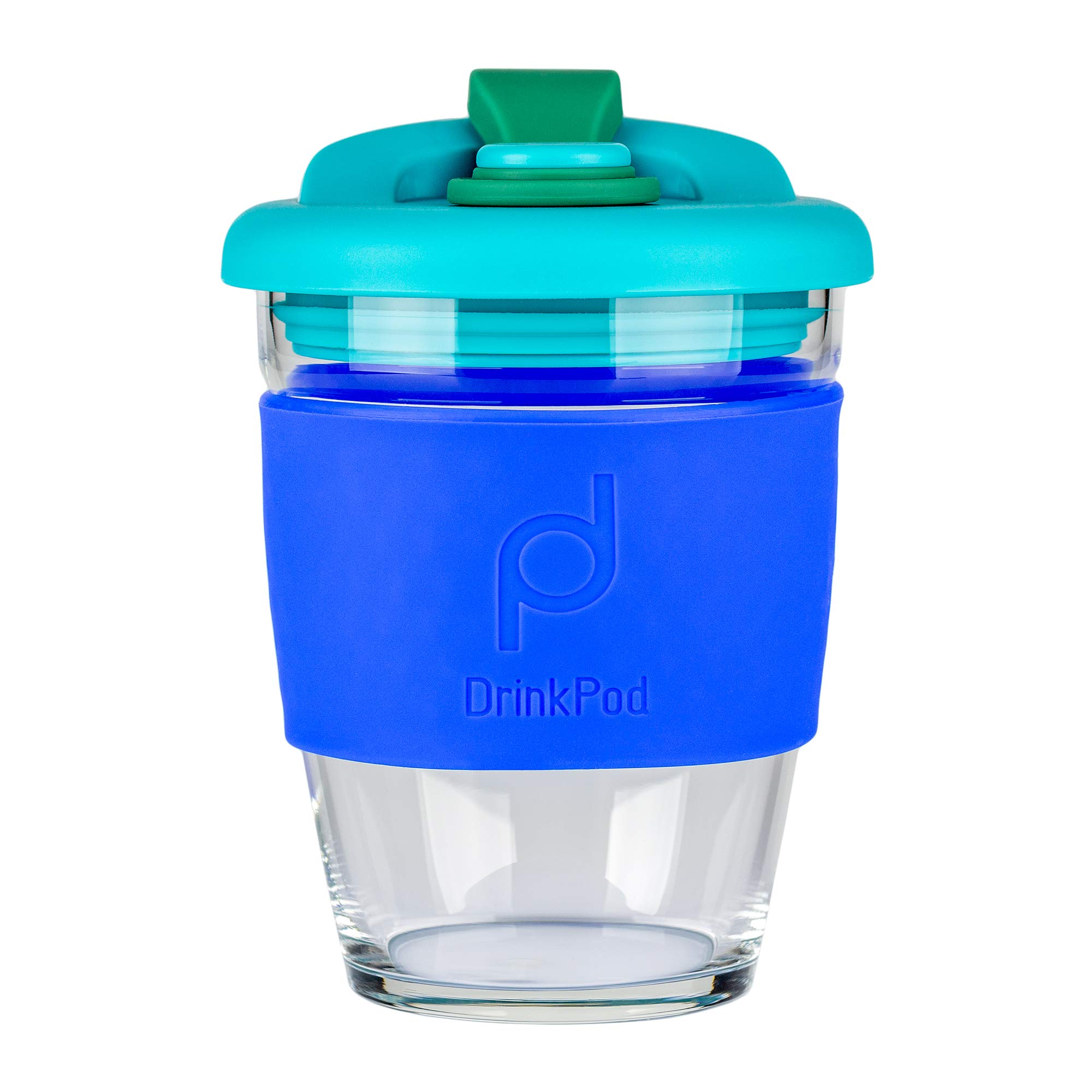 Drink Pod 12oz/340 ml Reusable Coffee Cup/Travel Mug with Rotating Rubber Lip BPA Free Borosilicate Glass – Ocean/Blue RGC-340/B