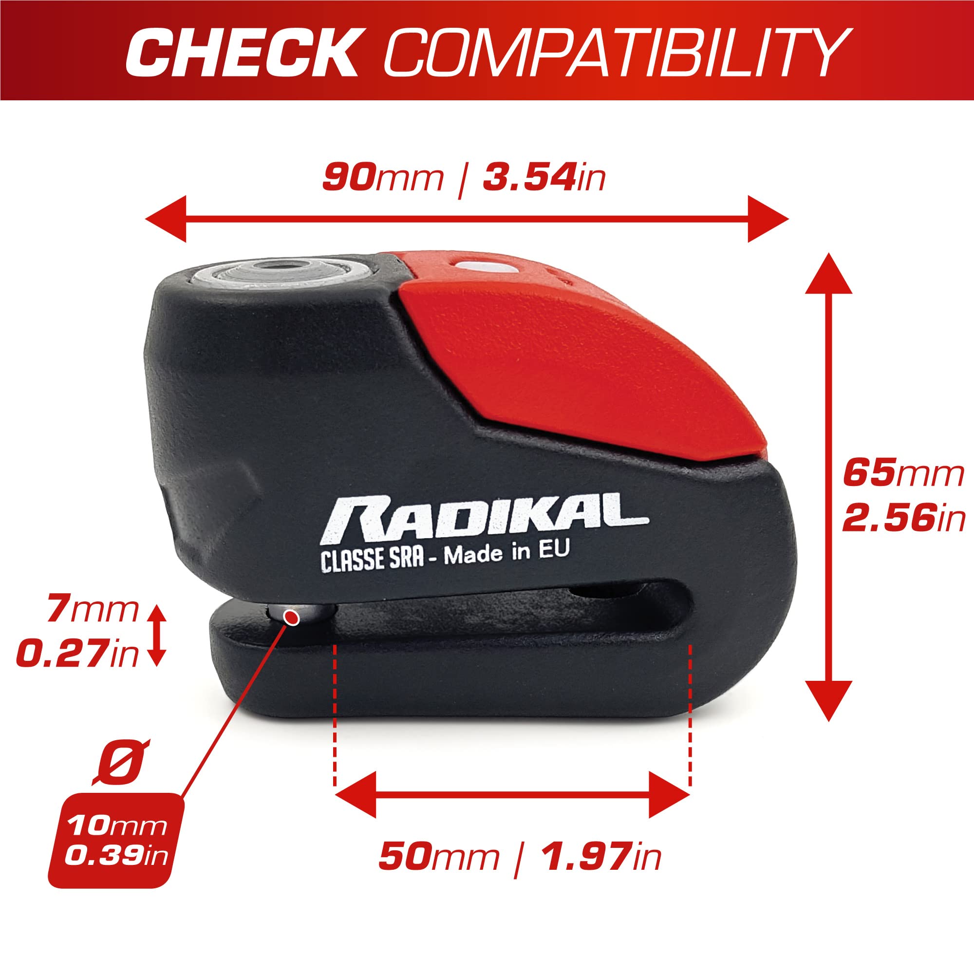 RADIKAL RK10 Premium Motorcycle Alarm Disc Lock 120dB, ON/Off Button Activation Warning LED, SRA Approved, Double Locking 10mm Hardened Steel, High Security Anti Theft Wheel Brake Lock for Motorbike