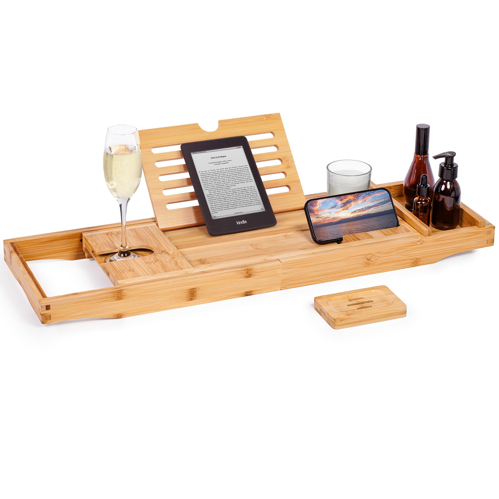 Woodluv Bath Tray, Extendable Bath Caddy Trays for Bathtub Accessories with Tablet Phone Slots, Candle Mug/Cup Holder, Bathroom Organiser, Bath trays for across the bath with Soap Holder, Natural Wood
