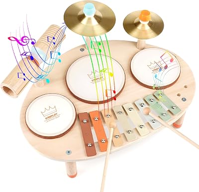 Vanplay Kids Wooden Drum Kit 9 in 1 3 Drums 2 Cymbals Xylophone Sticks