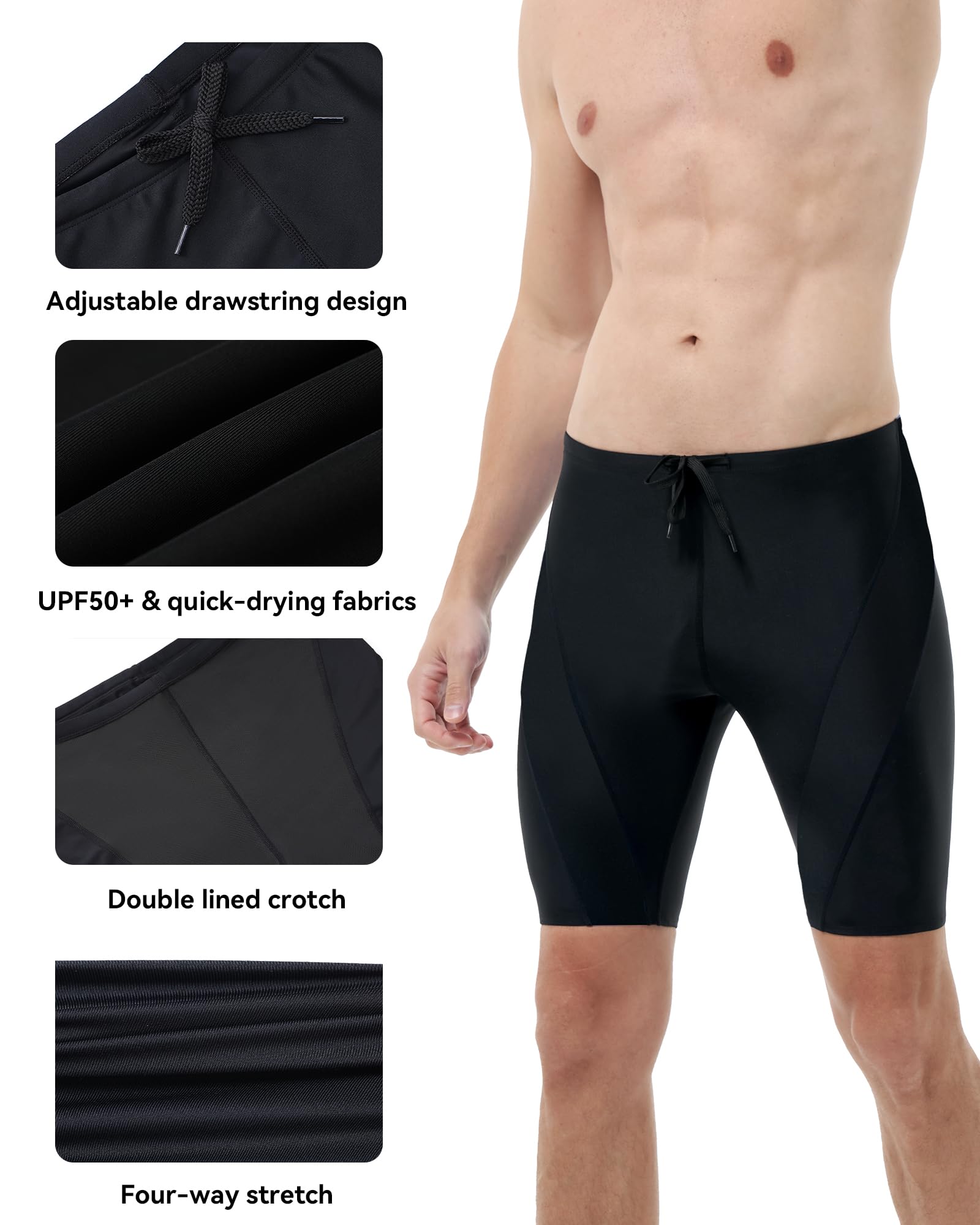 Runhit Swim Jammers For Men UPF 50+ Black Solid Swimming Swimsuit
