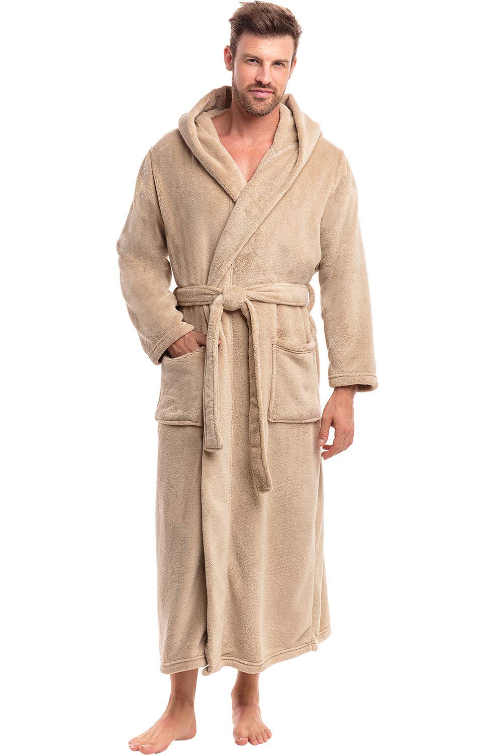 Alexander Del Rossa Mens Robe with Hood, Plush Fleece Hooded Mens Bathrobe, Big and Tall Bath Robes for Men, Sandstone, X-Large Image