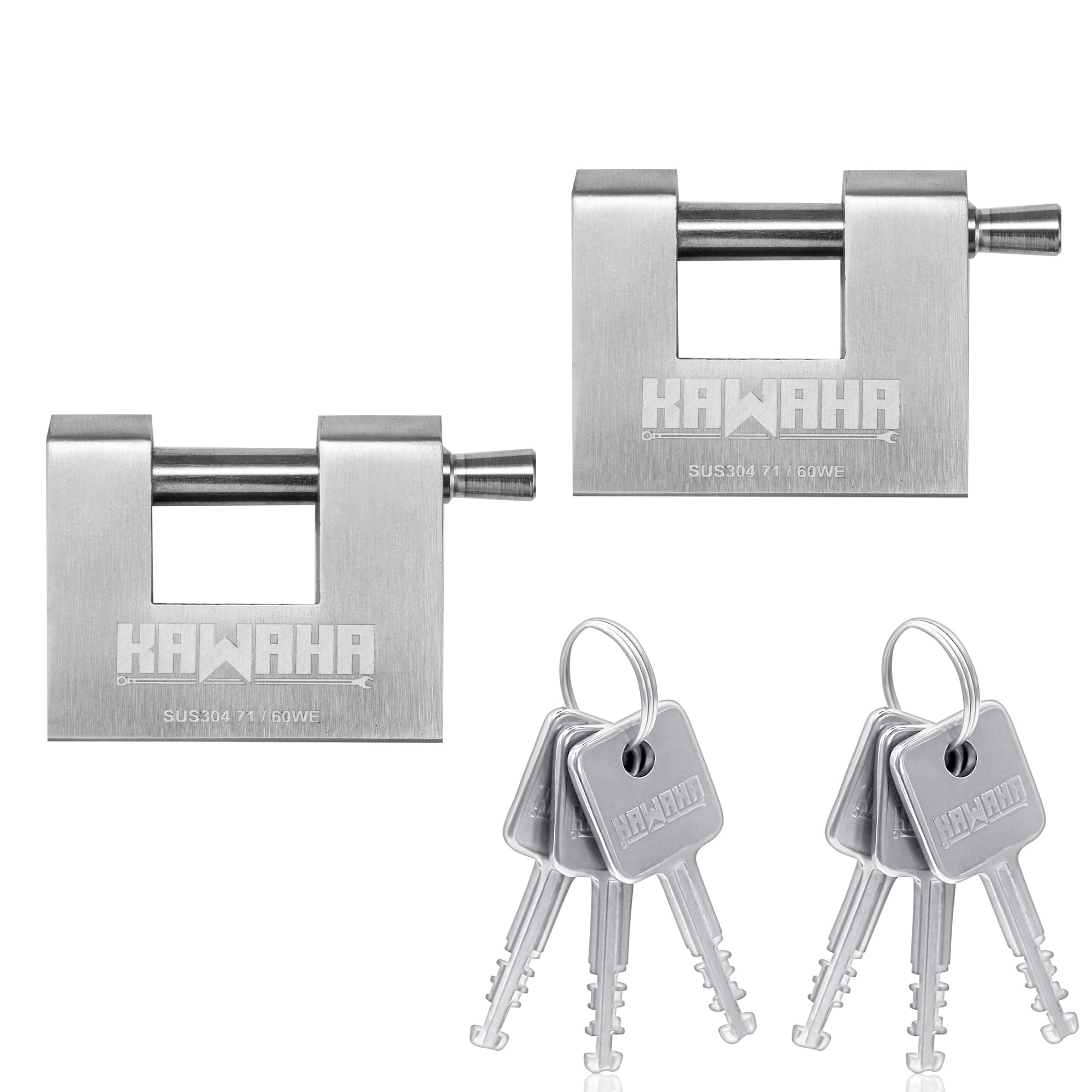 KAWAHA 71/60-2PS Stainless Steel D-Shaped Padlock with Stainless Steel Key for Garage Door, Containers, Shed, Locker and Warehouse (2-3/4 inch, Keyed Alike - 2 Pack)