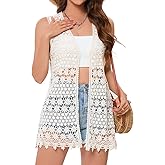 GLEAMISS Women's Crochet Floral Vest Lace Trim Boho Sleeveless Cardigan