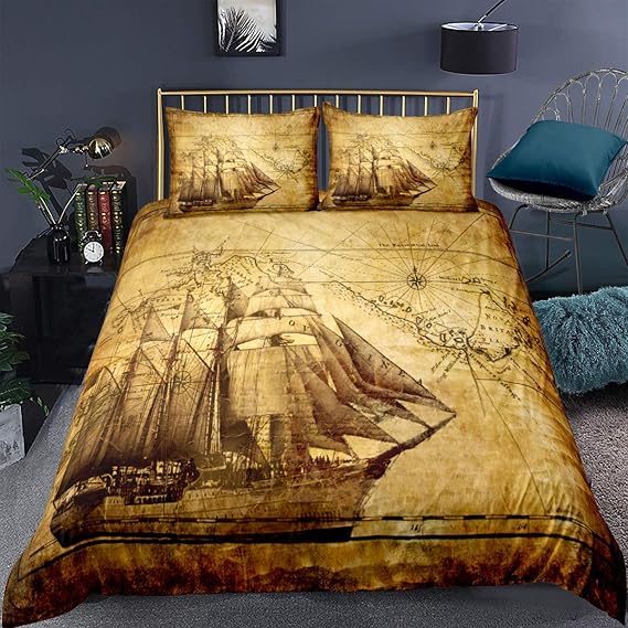 227 QINIMEN Nautical Duvet Cover Set Double Bedding Set Sailboat Art