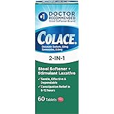 Colace 2-in-1 Stool Softener Plus Stimulant Laxative Tablets, 60 Count | Gentle Constipation Relief, Docusate Sodium Plus Sennosides