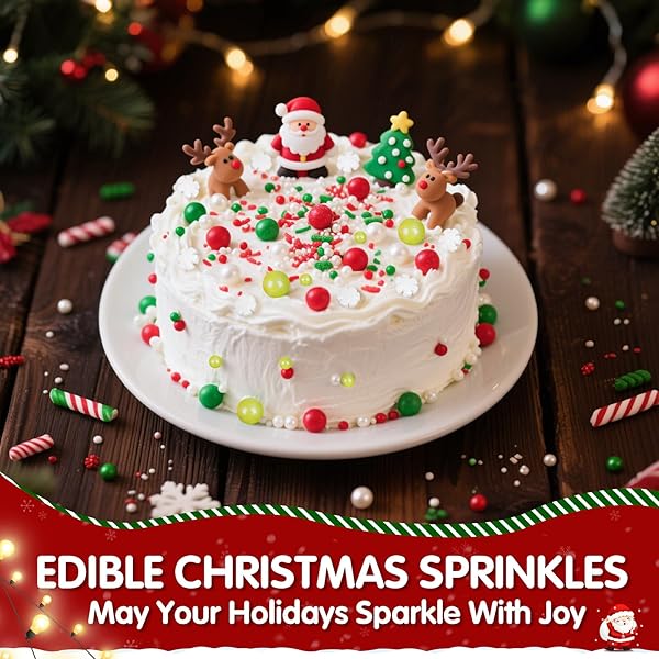 EDIBLE CHRISTMAS SPRINKLES FOR CAKE DECORATING,130G,WHITE SNOWFLAKES RED GREEN PEARLS AND JIMMIES MIX,EDIBLE WINTER SUGAR PEARL HOLIDAY SPRINKLE FOR CUPCAKE TOPPERS,COOKIE,ICE CREAM DESSERT DECORATIONS BIRTHDAY CHRISTMAS PARTY SUPPLIES