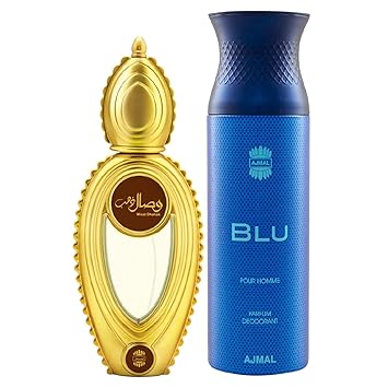 Ajmal Wisal Dhahab EDP Fruity Floral Perfume 50ml for Men and Blu Homme Deodorant Aquatic Woody Fragrance 200ml for Men+ 2 Parfum Testers FREE