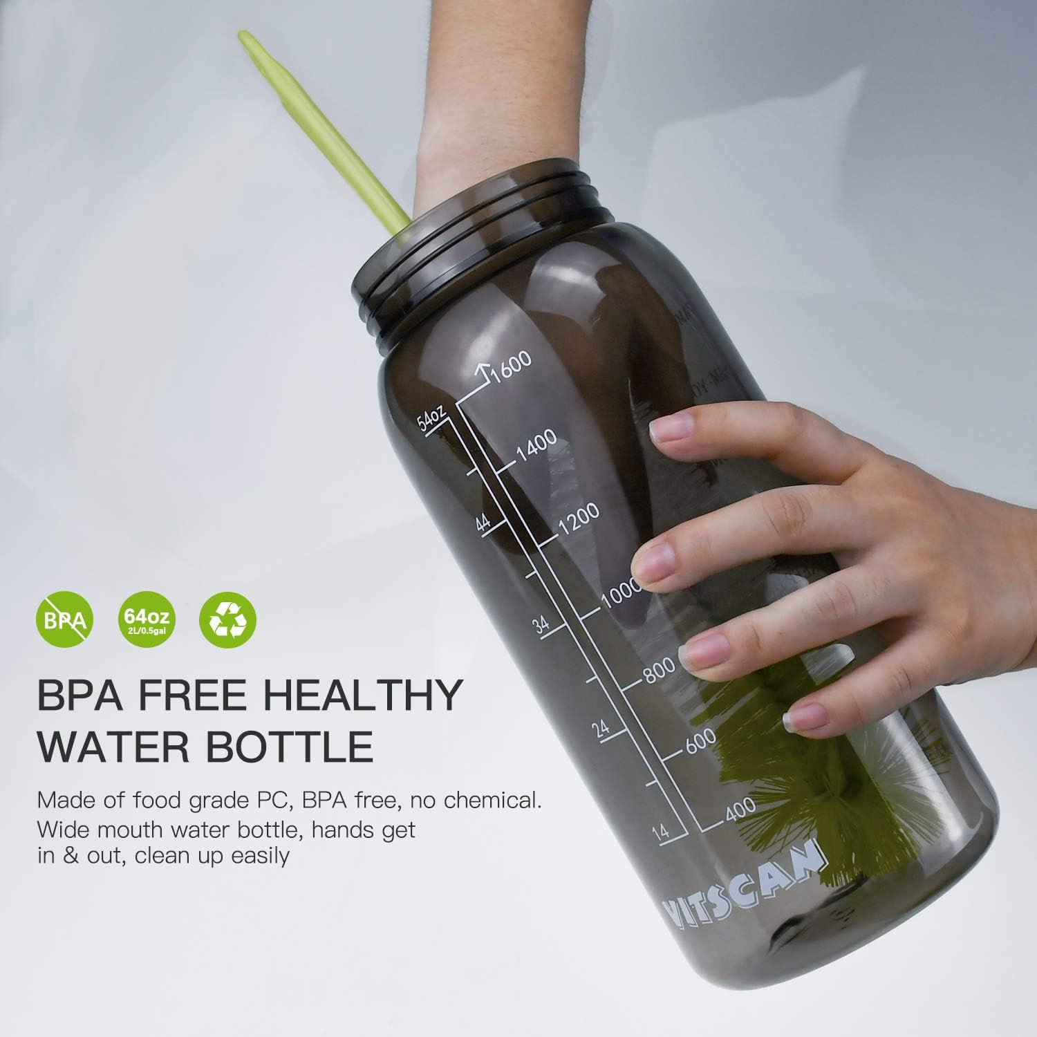 64 OZ Water Bottle with Straw, Motivational Water Bottle with Time Marker Clear Large Water Bottle with Handle, 2L Sports Water Bottle BPA Free Wide Mouth Water Jugs for Gym, Kitchen, Working : Sports & Outdoors