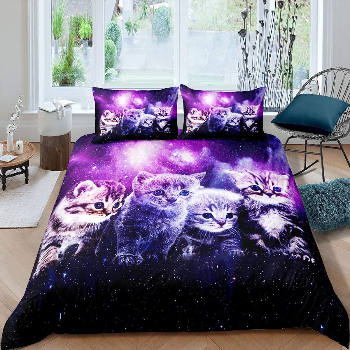 Cat Bedding Set Cute Pet Comforter Cover Cats Outer Space Kawaii Kitten Duvet Cover for Children Kids Boys Girls 3D Animal Theme Galaxy Bedspread Cover Room Decor Bedclothes King Size