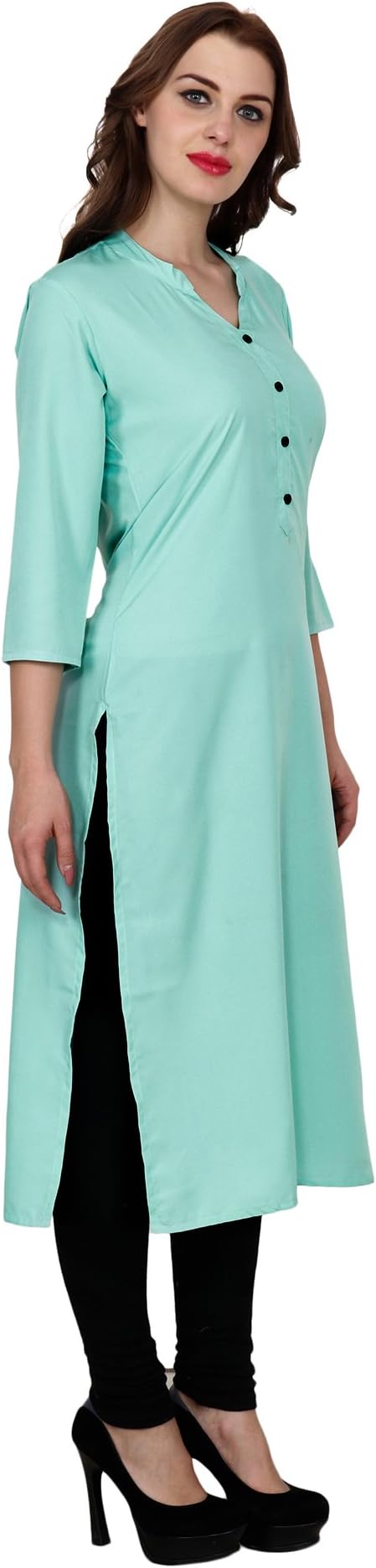 PSK Women's Regular Fit Straight Cut Knee Length Crepe Light Blue Kurti Tunic Top, V Neck