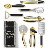 Styled Settings Black and Gold Kitchen Utensils, 8-Piece, Black &amp; Gold | 8-Piece Gold Kitchen Tools Set with Can, Pizza Cutter, Peeler, Mini Whisk, and Tongs