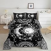 Sun and Moon Bedding Set Constellation Galaxy Comforter Set for Kids Boys Girls Teens Psychedelic Boho Mandala Comforter Breathable Celestial Duvet Set Black White Room Decor Quilt Cover Queen Size