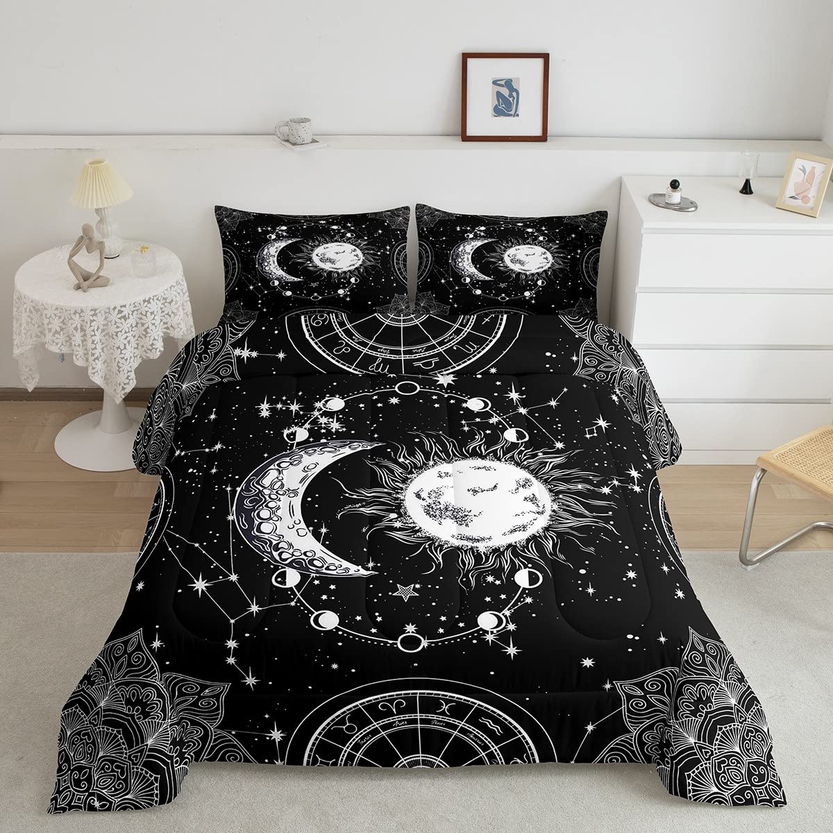 Galaxy Bedding Set Constellation Duvet Set for Kids Boys Girls Teens Gothic Style Boho Mandala Breathable Sun and Moon Down Comforter Black White Double