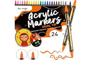 Huvoago 24 Colors Acrylic Paint Pens, Dual Tip Paint Markers With Dot Tip and Brush Tip for Rock Painting, Ceramic, Wood, Plastic, Glass, Art Supplies Permanent Markers Pens for Kids, Adults