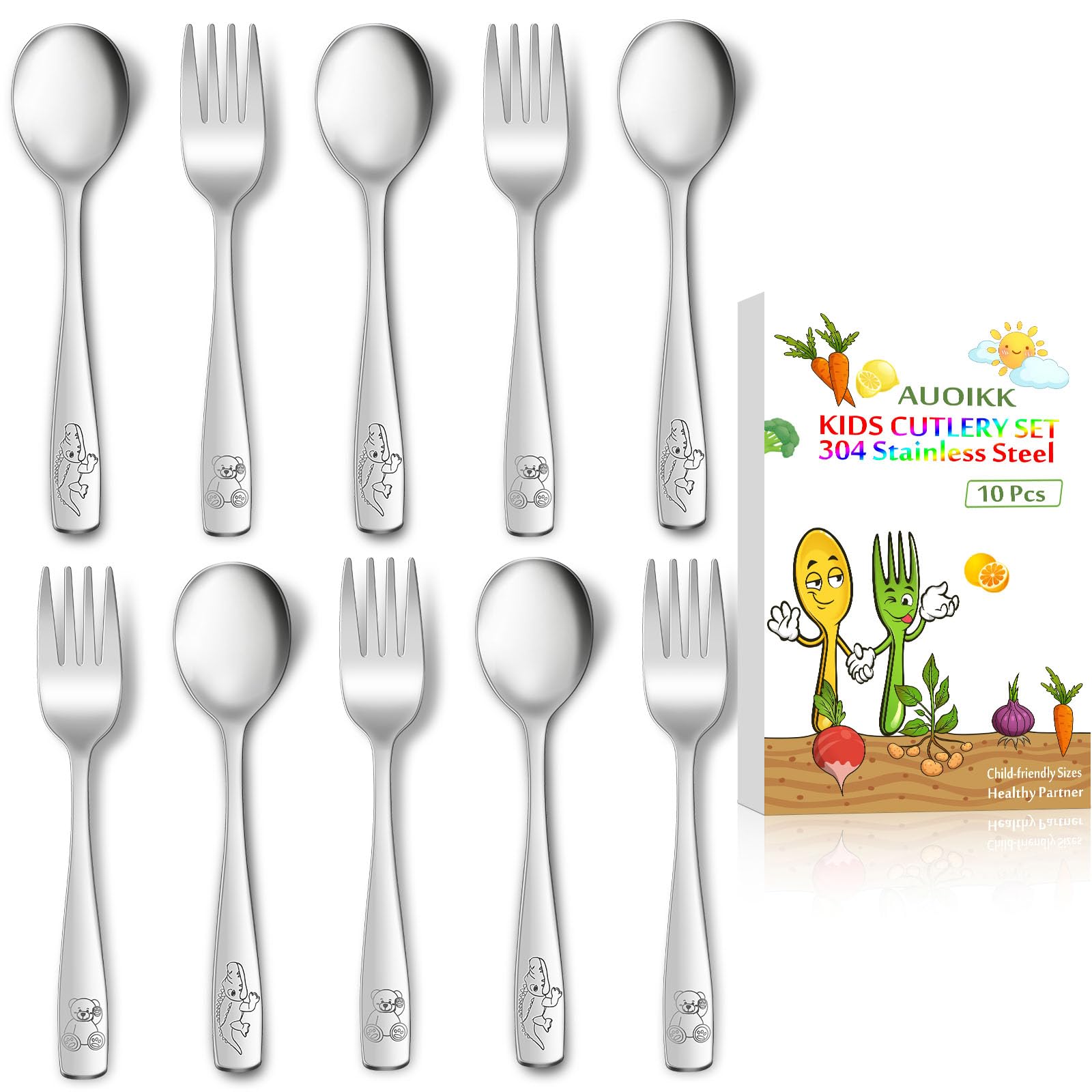 Photo 1 of AUOIKK 10-Piece Toddler Flatware, Kids Utensils Stainless Steel Cutlery Set, Children Safe Spoons and Forks with Ergonomic Handle, Easy to use and Dishwasher Safe (Crocodile and Bear)