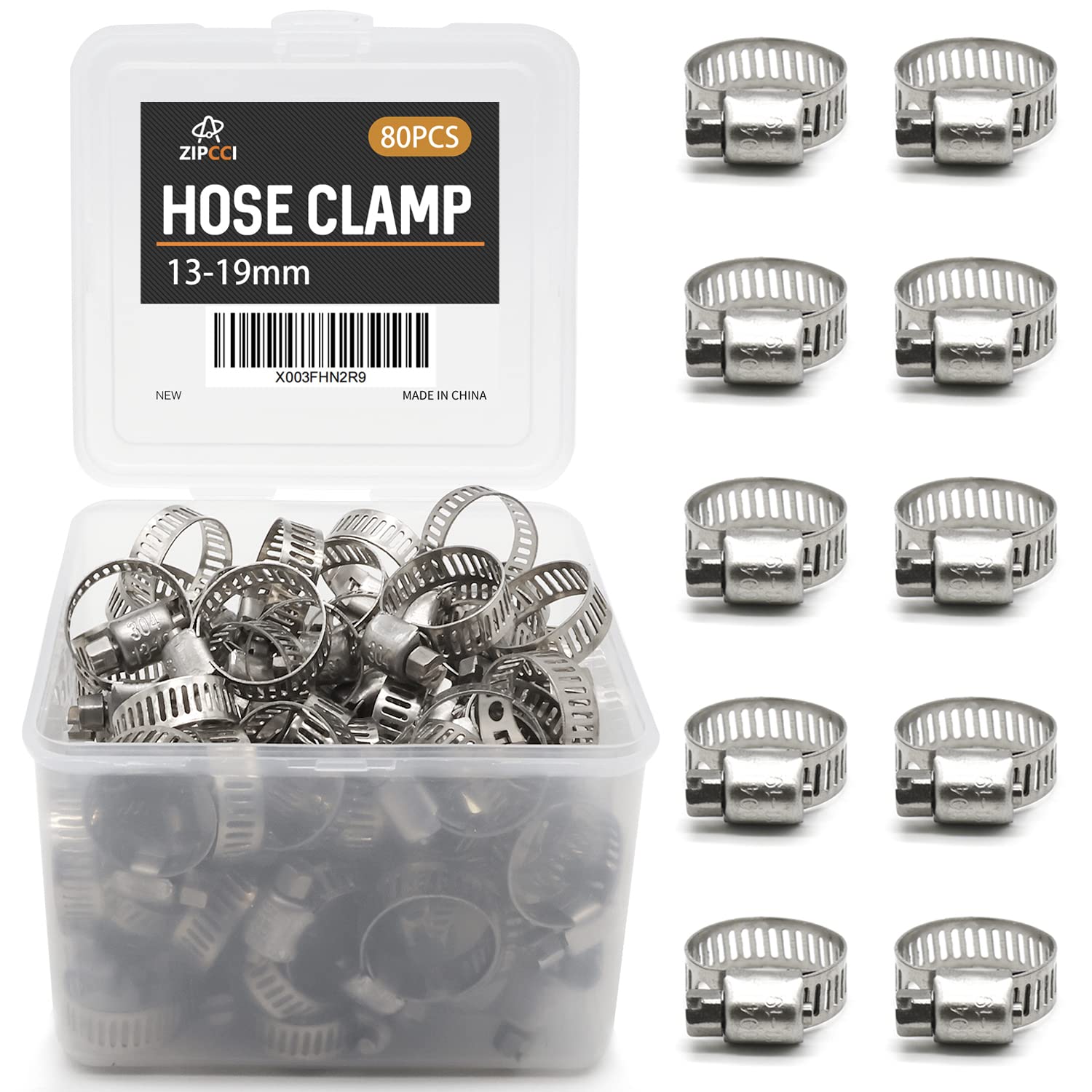 ZIPCCI Hose Clamp, 80 Pack Stainless Steel Hose Clamps Worm Gear Fuel Line Pipe Clamps, 13-19mm (1/2-3/4 inch)