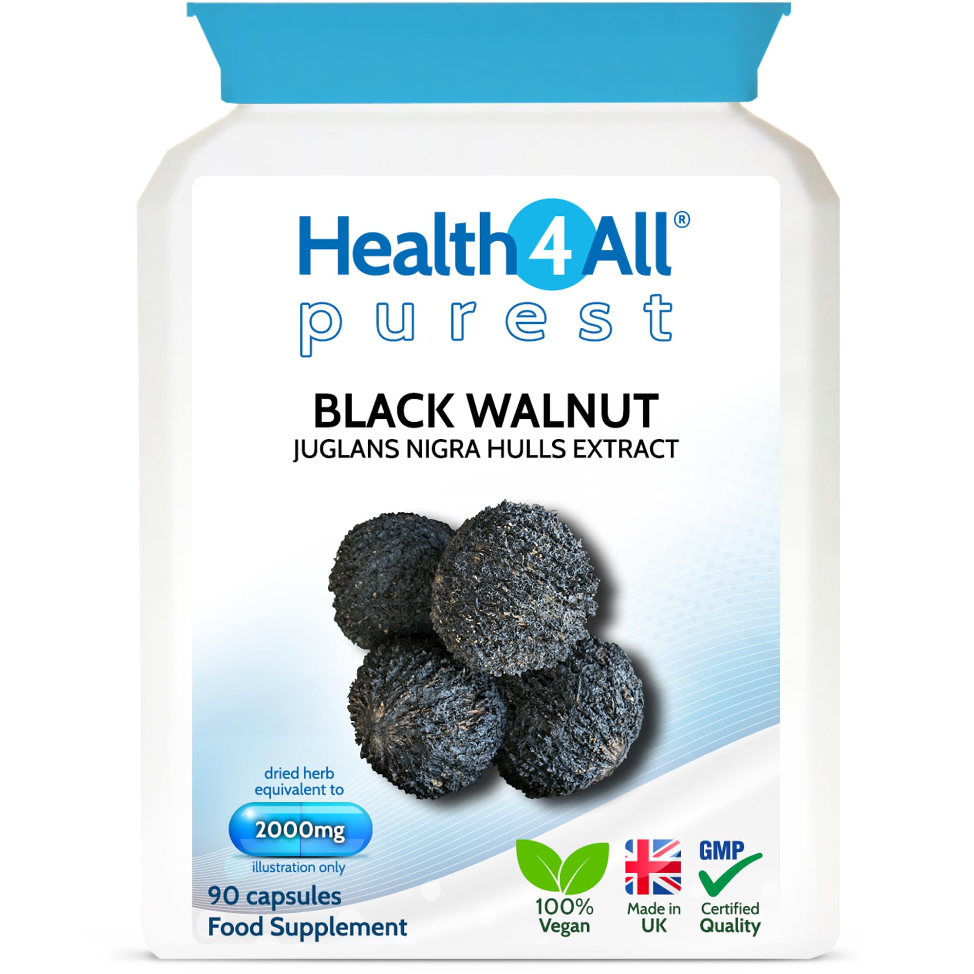 Health4All Black Walnut Hulls 2000mg 90 Capsules, Strongest Green Husk Capsules for Intestinal Health, Cleanse & Detox, Vegan, Purest: no additives | Made in UK
