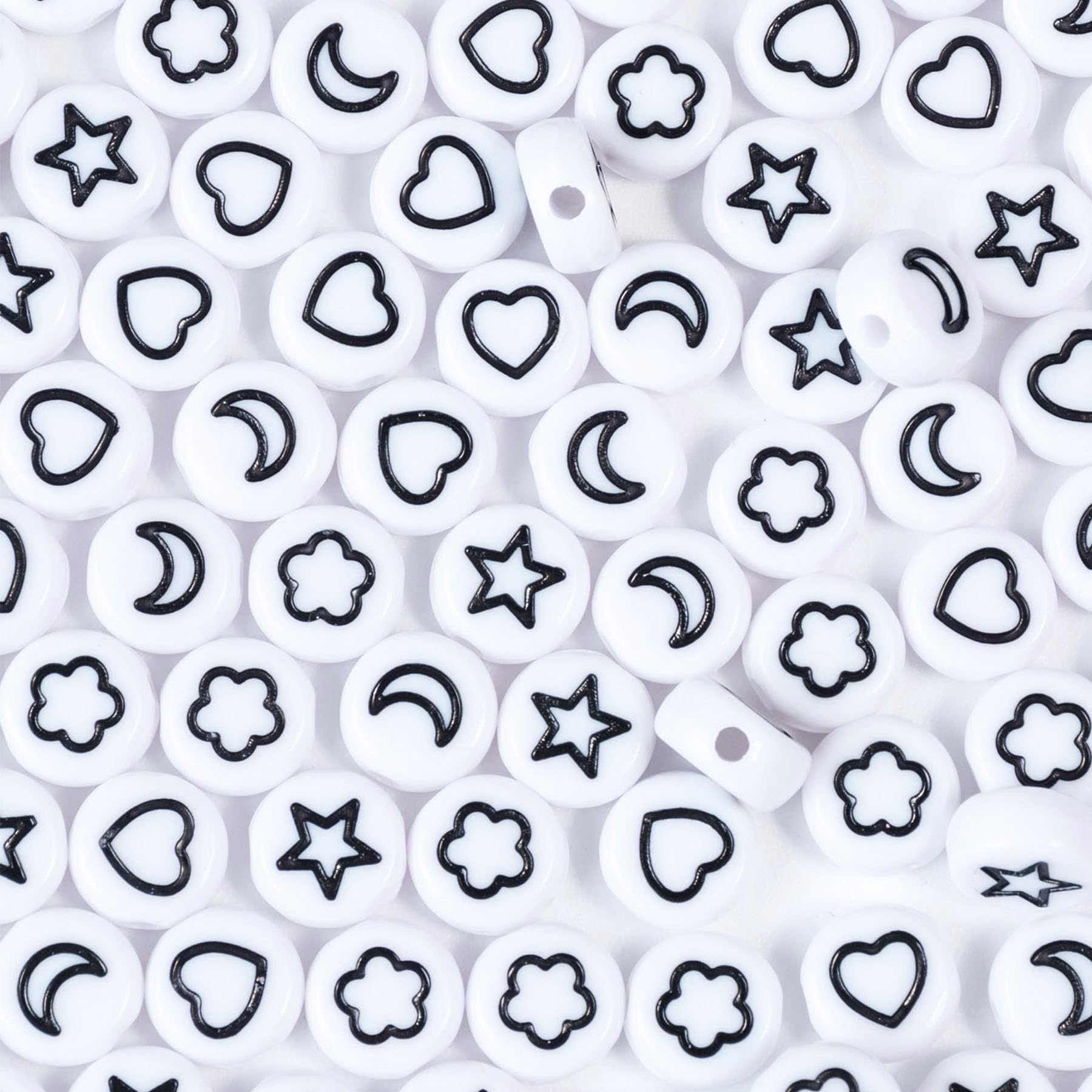Photo 1 of Yiizzxin 200Pcs Round White Acrylic Moon Star Heart Flower Beads for Bracelets,4x7mm Flat Star Bead for Jewelry Making DIY Necklaces Key Chains Crafts Supply(Round Moon Star Mixed)