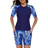 Tournesol Women's Two Piece Rash Guard Short Sleeve Swim Shirts UPF 50+ Built in Bra Swimsuit with Boyshorts with Pockets