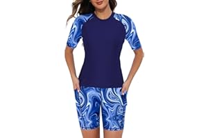Tournesol Women's Two Piece Rash Guard Short Sleeve Swim Shirts UPF 50+ Built in Bra Swimsuit with Boyshorts with Pockets