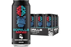 Gorilla Mind Energy Drink | Unmatched Energy · Amplified Focus | N-Acetyl-L-Tyrosine, Alpha-GPC, 200mg Caffeine, Uridine, Saffron | 0 Sugar Or Artificial Colors | 16oz, 12-Pack (Black Cherry Vanilla)