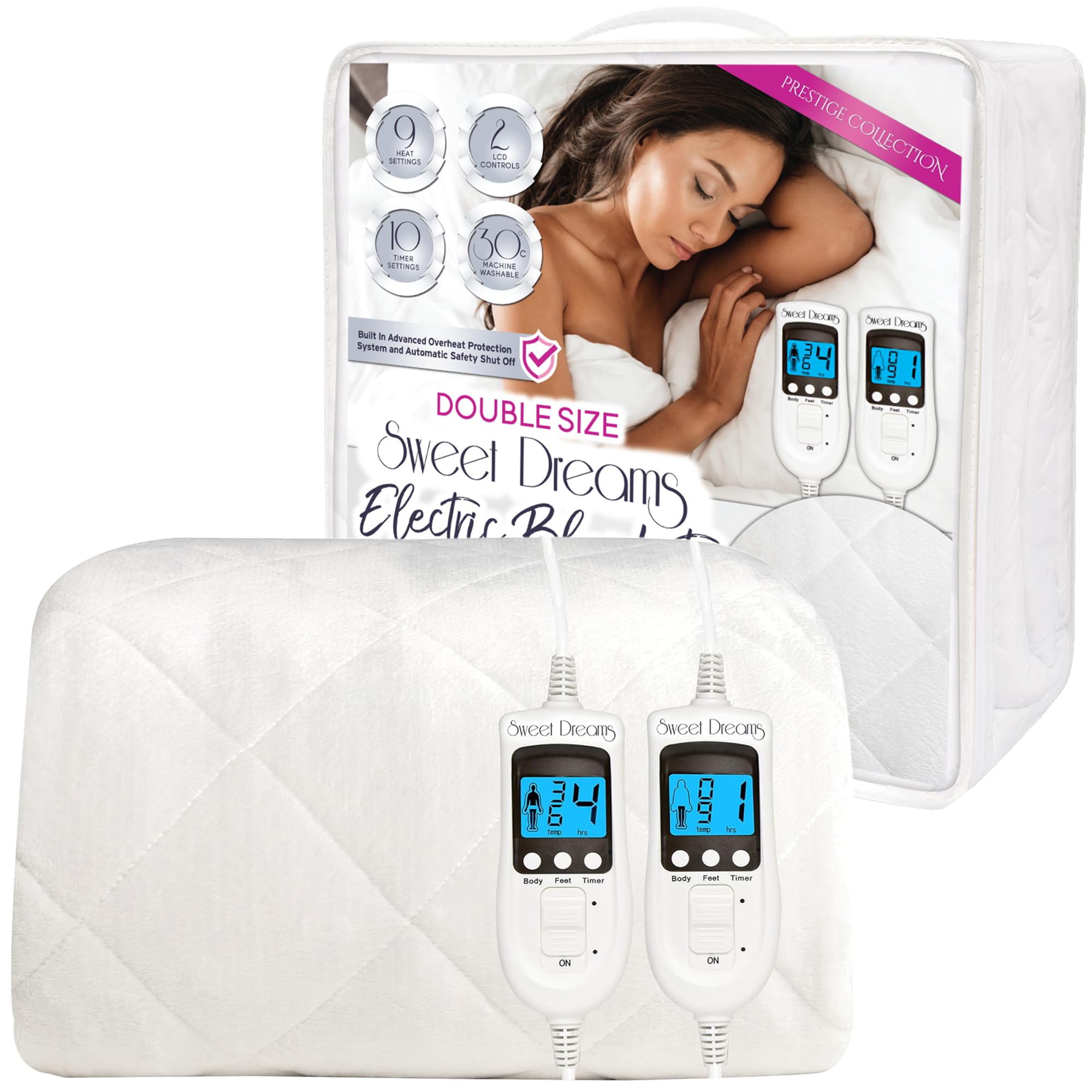 Sweet Dreams Electric Blanket Double Bed Size 193 x 137 x 40cm, Plush Fleece Quilted, Fitted, Washable, Heated Mattress Cover Underblanket, Dual Control, Prestige (Double)