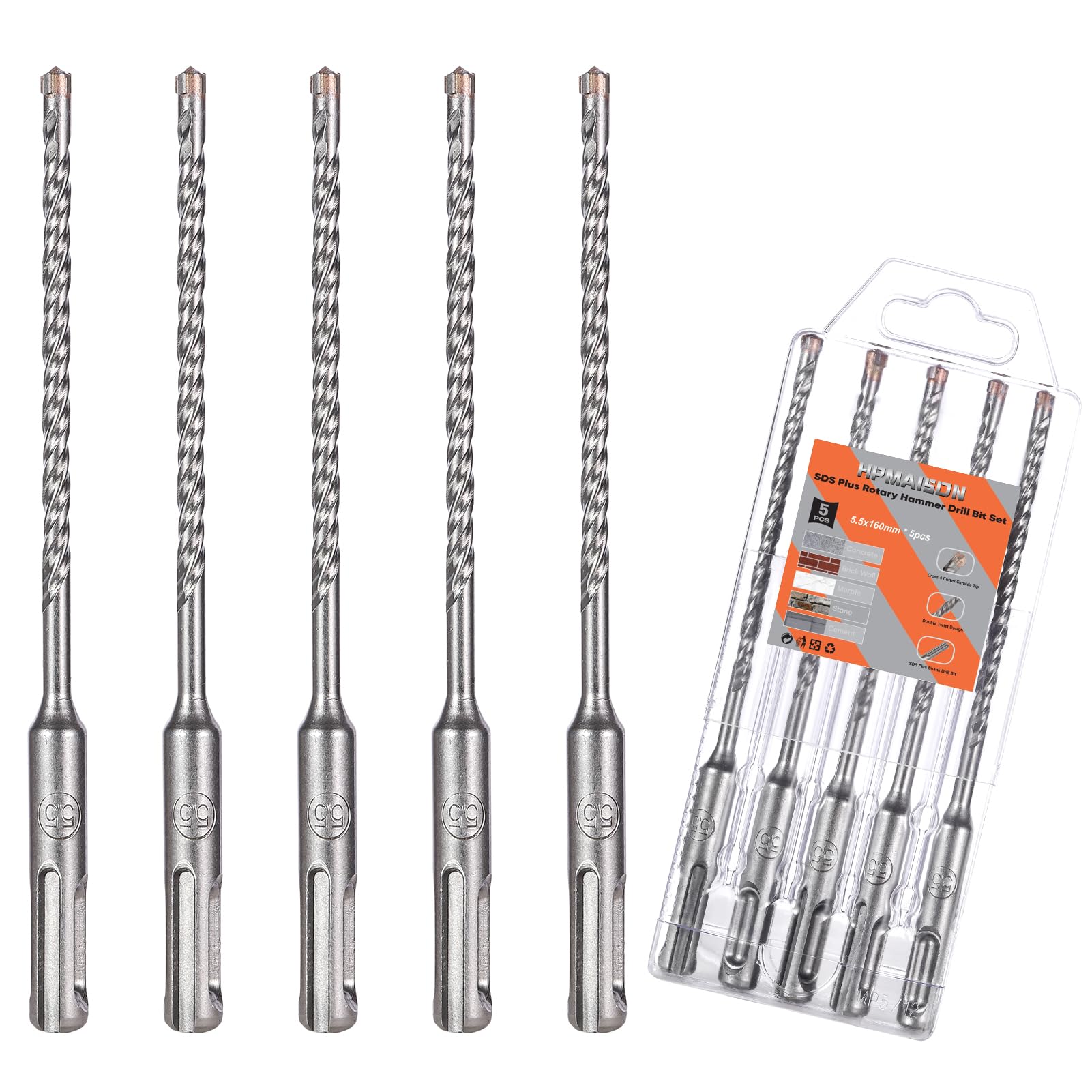 HPMAISON SDS Plus Rotary Hammer Drill Bit Set 5.5mm x 160mm, 5PCS Cross Drill Bits Hammer Impact Drill Bit 4-Cutter Carbide Tips for Drilling Stone, Concrete, Brick Wall, Cement, Masonry