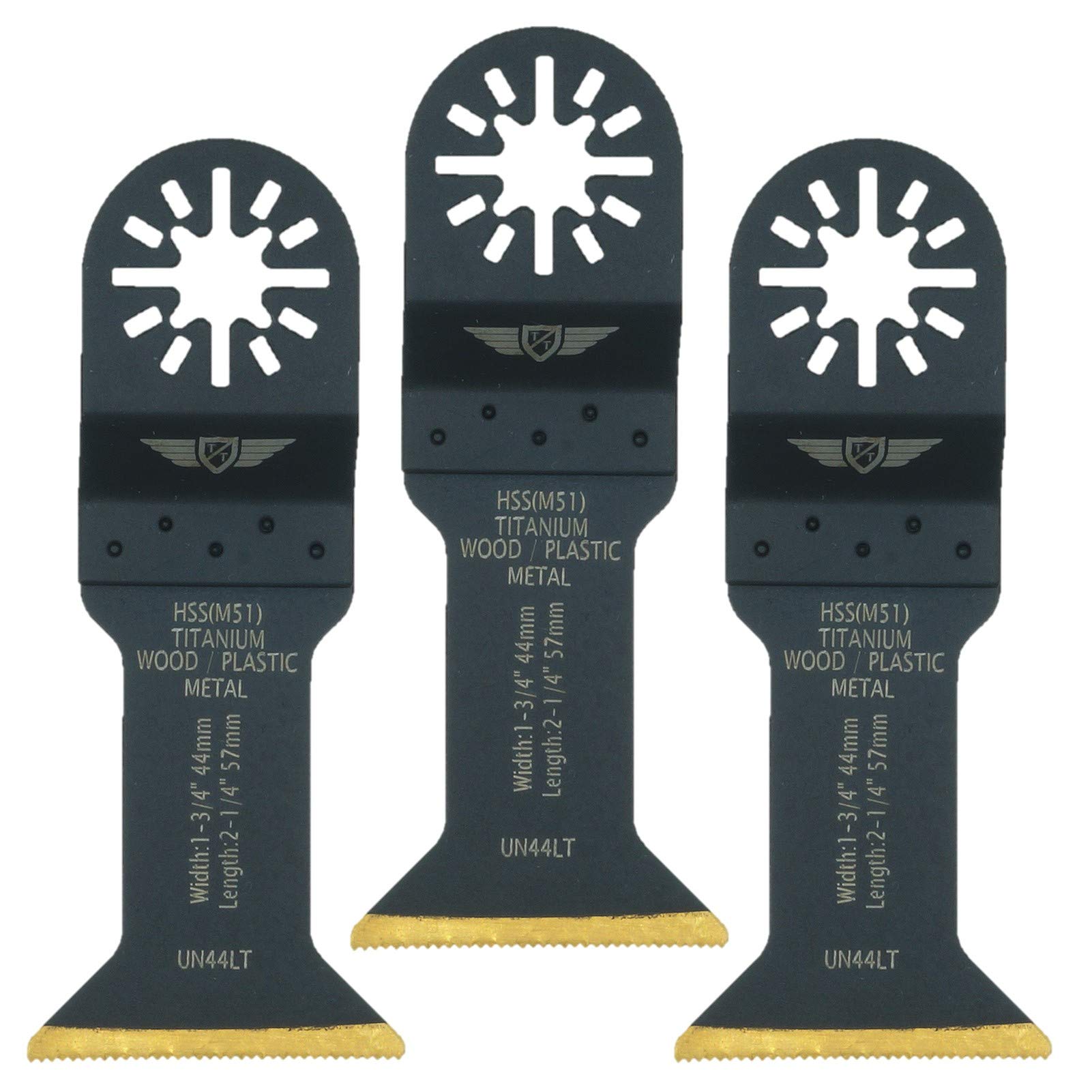 3 x TopsTools UN44LT_3 44mm Long Life Titanium Coated Blades Compatible with Bosch Fein (Non-StarLock) Makita Milwaukee Einhell Ergotools Hitachi Parkside Ryobi Worx Workzone Multitool Accessories