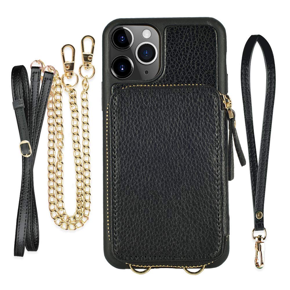 ZVE iPhone 11 Pro Max Wallet Case, iPhone 11 Pro Max Case with Credit Card Holder Slot Crossbody Chain Handbag Purse Wrist Zipper Leather Case Cover for Apple iPhone 11 Pro Max 6.5 inch 2019 - Black