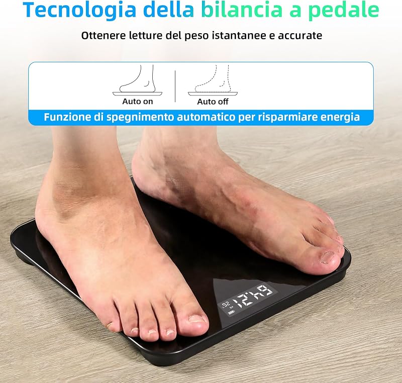 Bilancia pesapersone con sensori ad alta precisione, bilancia digitale per persone con tecnica step-on, bilancia pesapeso in vetro di sicurezza, nero