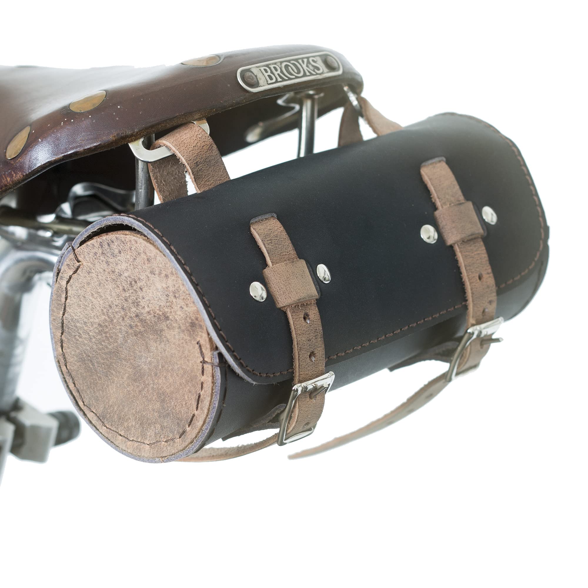 Classic Bicycle Round Tool Bag Genuine Leather Seat Frame Handlebar BLACK VINTAGE BROWN roll-bl-raw