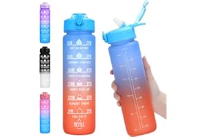 FLEEODAN Water Bottle with Straw, 32oz Motivational Water Bottles with Time Marker, LeakProof Tritan BPA Free,Sports Water Bottle with Handle for Women Man Gym Fitness Outdoor (Blue)