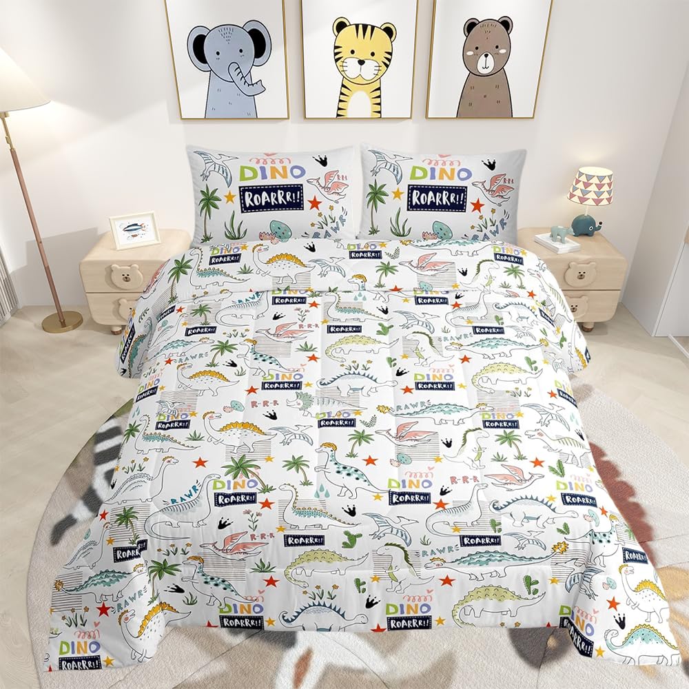 Toddler Dinosaur Duvet Set Single, Kids Cartoon Dino Bedding Set Colorful Jungle Animals for Boys Girls, Wildlife Style Down Comforter Reversible Quilt Set 2Pcs