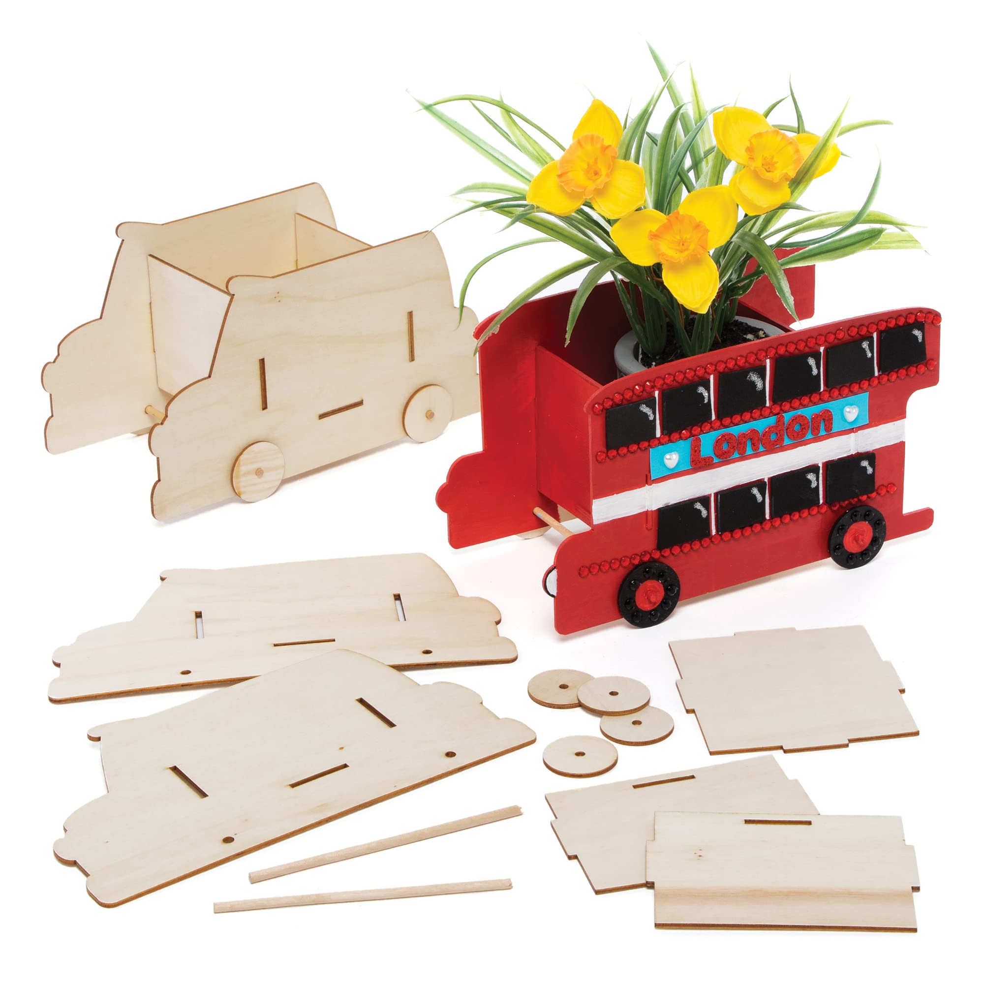 Baker Ross PJ159 Make Your Own Flowerpot Wooden Craft - Pack of 2, London Bus and Taxi Design British Crafts for Kids