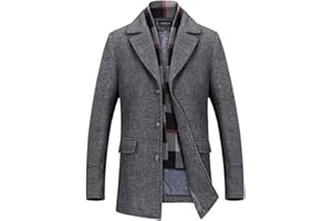 INVACHI Mens Wool Blend Coat Winter Trench Coat with Detachable Soft Scarf Single Breasted Overcoat