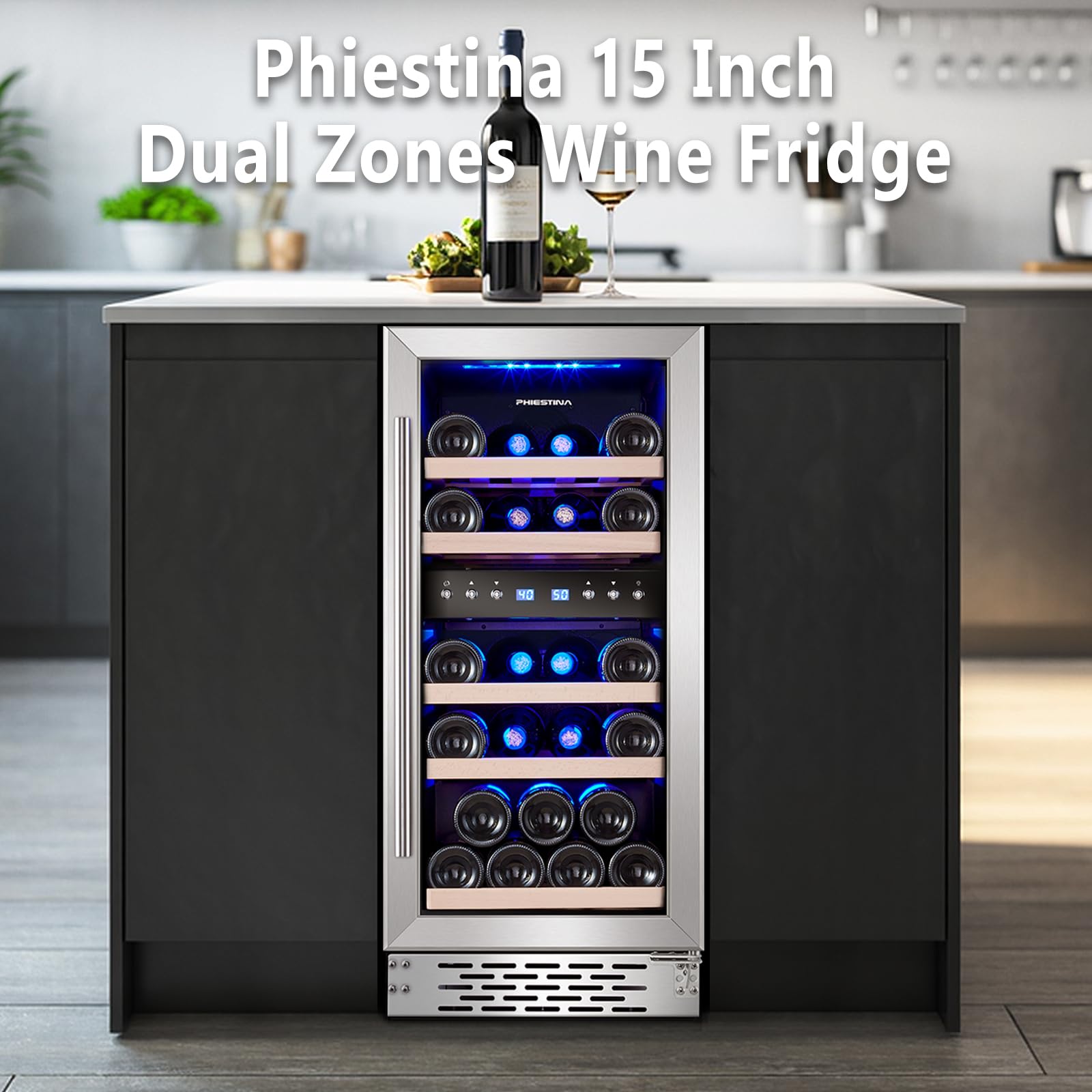 Phiestina Wine Fridge, 15 Inch Small Wine Cooler Refrigerator 31 Bottles Dual Zones Under Counter Temperature Control Built-in/Freestanding