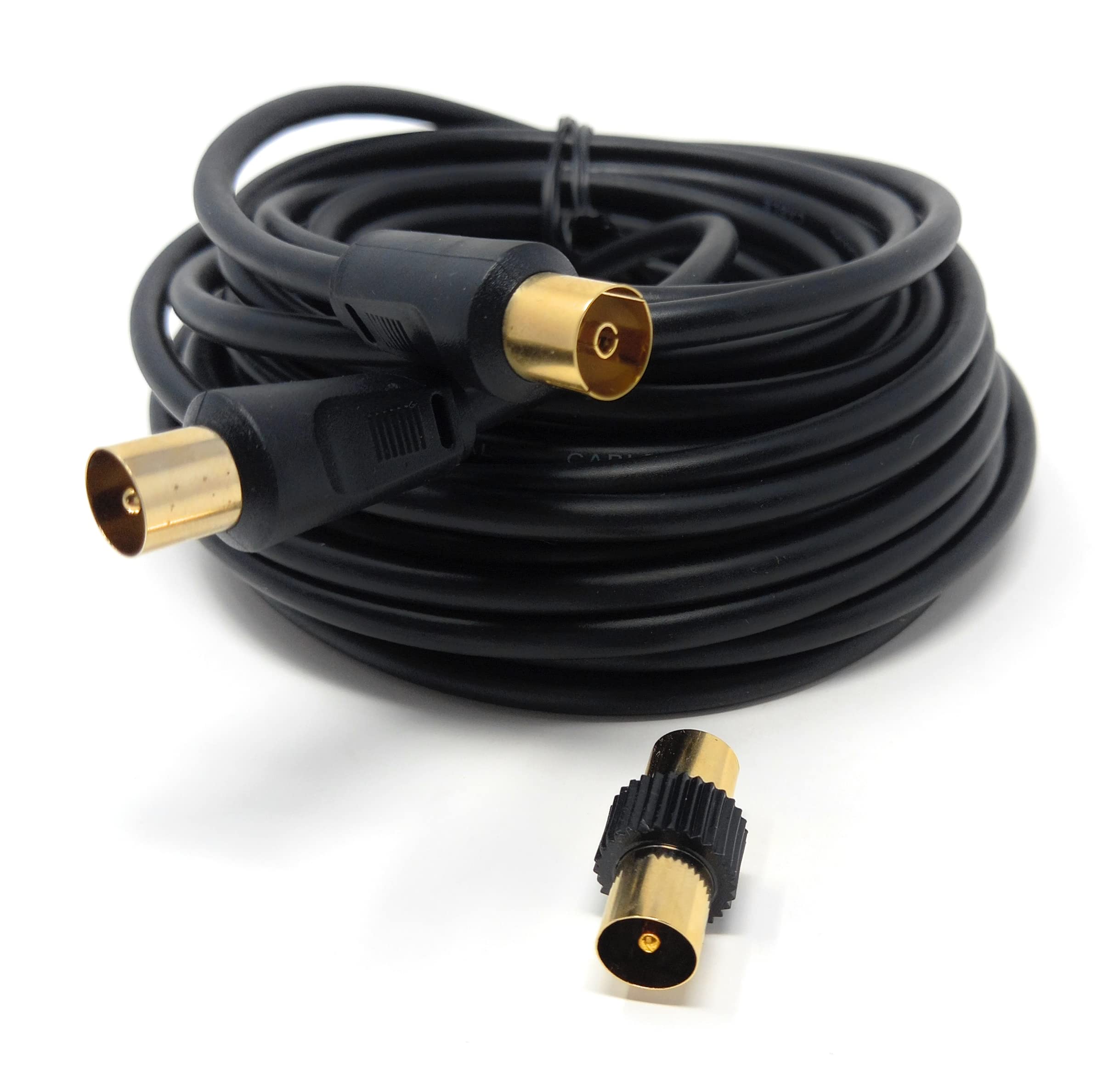 DRUT 10m, TV Male to Female Extension Coax Cable, Supplied With a Male to Male Coupler Adapter, Gold Connectors (33ft, Black)