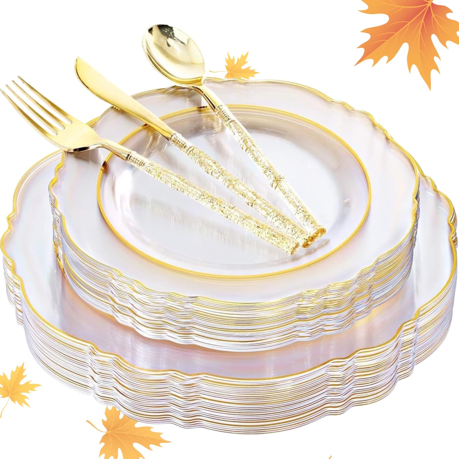 Photo 1 of Liacere 150PCS Clear Gold Plastic Plates - Disposable Plastic Silverware with Glitter Bamboo Handle Cutlery-Baroque Clear Gold Disposable Plates for Wedding & Party & Thanksgiving &Fall Decor