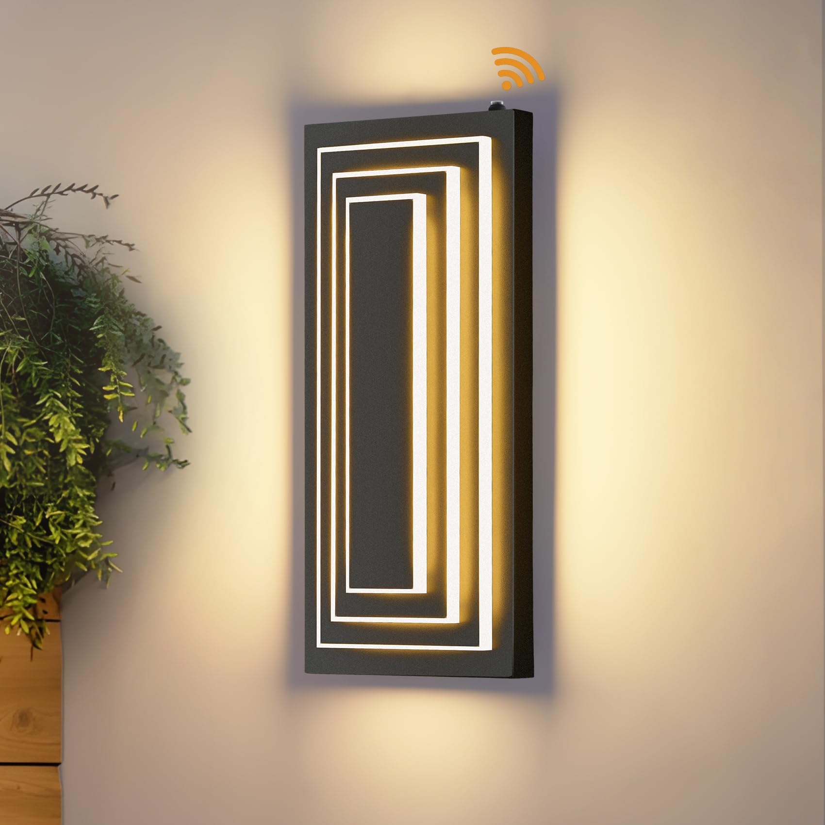 Photo 1 of ZSMAIKU Dusk To Dawn Led Outdoor Wall Light, 3 Tier Modern Exterior Lights For House, 15.7 IN Black Outdoor Porch Lights Wall Mount, 24W Warm White Outside Light Fixtures For Patio, Front Door, 1 Pack