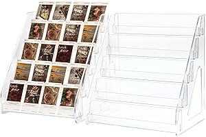 RUSNUGIC 5 Tier Card Stand, 2 Pack Clear Card Display for Greeting Cards, Postcards, Stickers,Sports Cards,Trading Card,Tiered display rack,Retail Photos Shelf for Vendors Craft Collection Show (2Pack-5Tier)